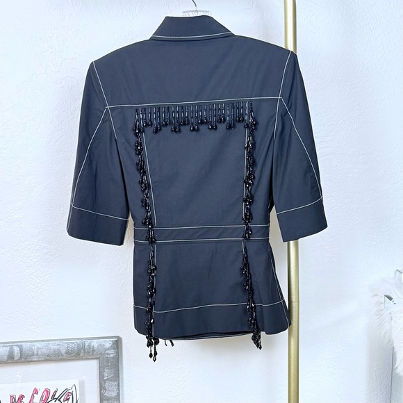 GANNI NWT Black Contrast Stitch Beaded Wrap Top Blouse Size 38